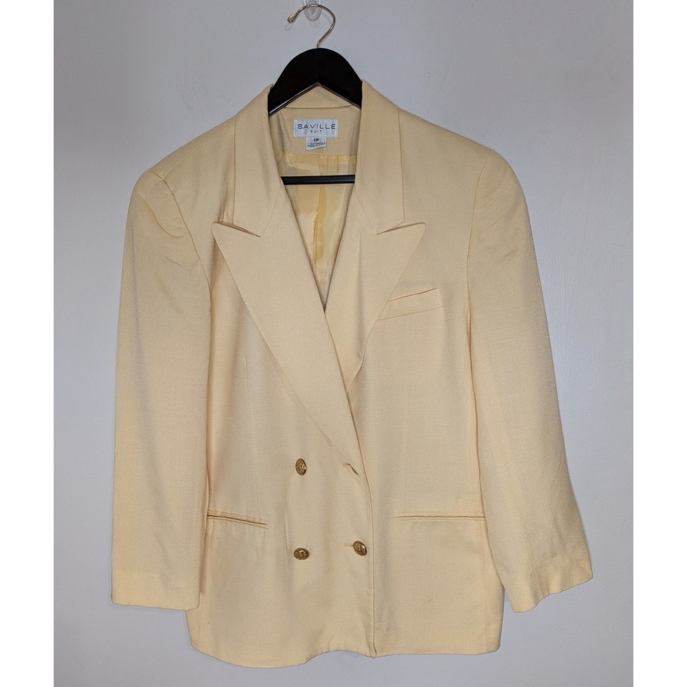 VTG Saville 100% Linen Butter Yellow Double Breasted Blazer Sz 14 Preppy Classic